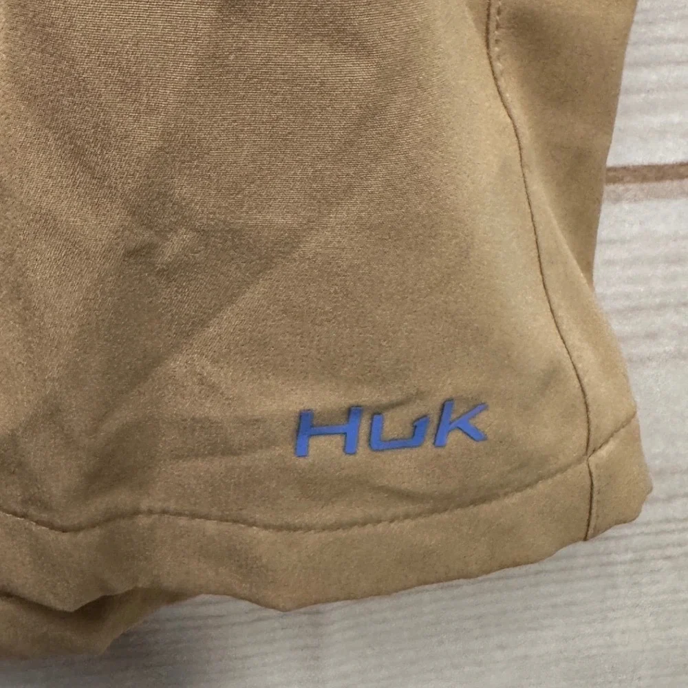 Huk Performance Shorts Mens XXL Tan Khaki Blue Drawstring Mesh Lined Stretch